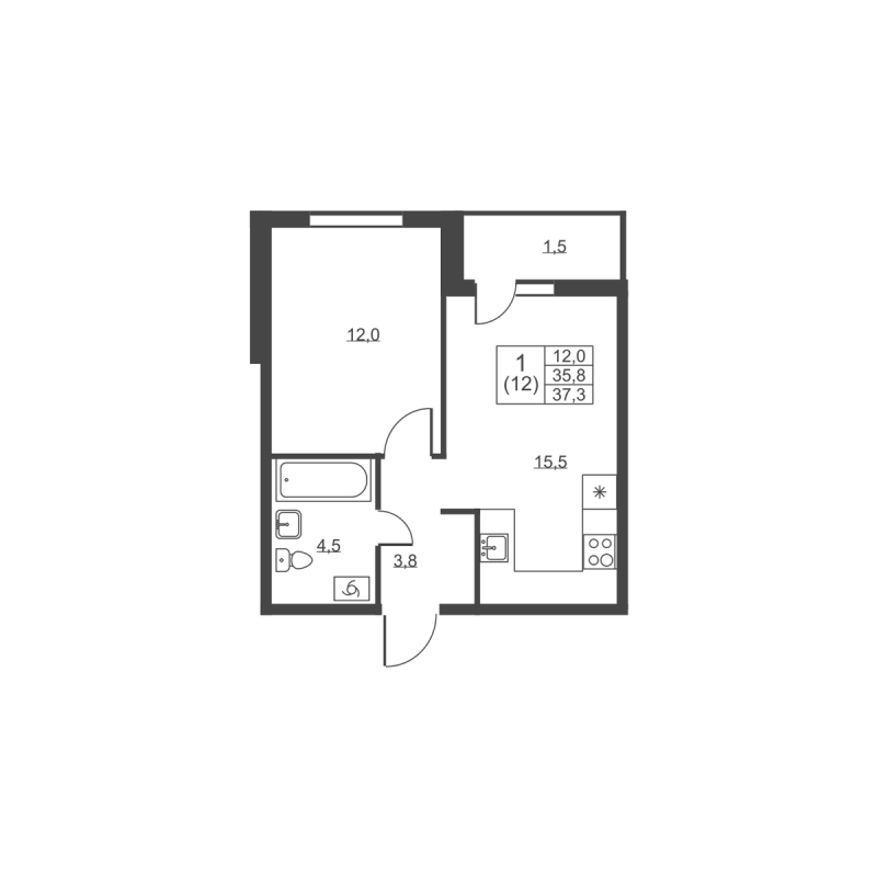 2-комнатная (Евро) квартира, 37.3 м² в ЖК "Ермак" - планировка, фото №1