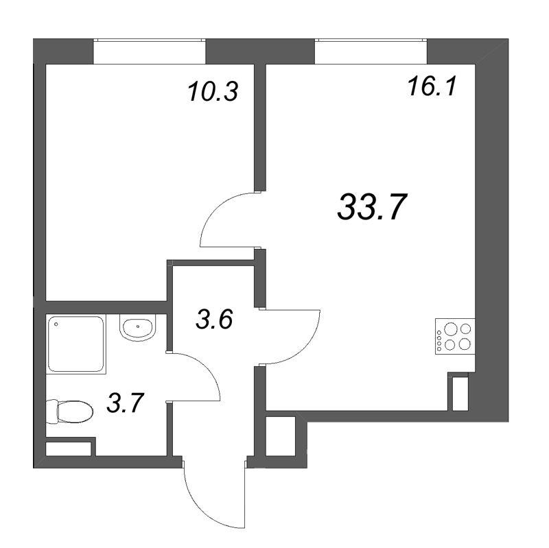 2-комнатная (Евро) квартира, 33.7 м² в ЖК "Пулково Lake" - планировка, фото №1