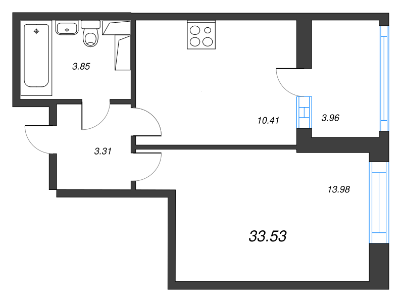 1-комнатная квартира, 33.53 м² - планировка, фото №1