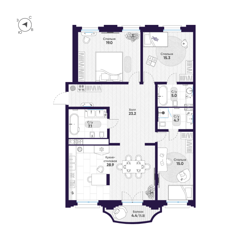 4-комнатная (Евро) квартира, 119.5 м² в ЖК "Mariinka Deluxe" - планировка, фото №1