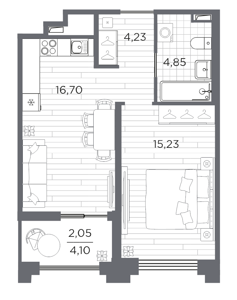 2-комнатная (Евро) квартира, 43.06 м² в ЖК "Ассамблея" - планировка, фото №1