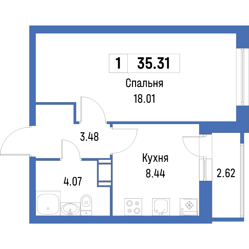 1-комнатная квартира, 35.31 м² - планировка, фото №1