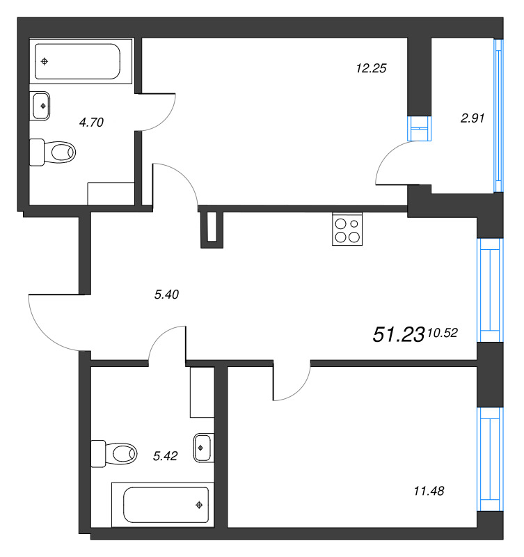 2-комнатная квартира, 51.23 м² - планировка, фото №1