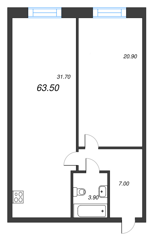 2-комнатная (Евро) квартира, 63.3 м² - планировка, фото №1