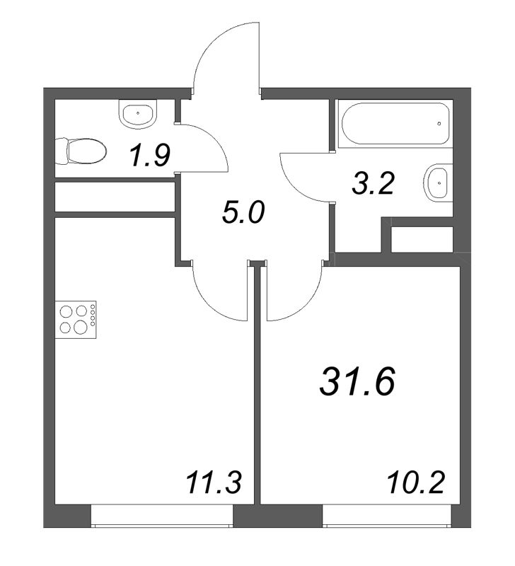 1-комнатная квартира, 31.6 м² в ЖК "Гений" - планировка, фото №1
