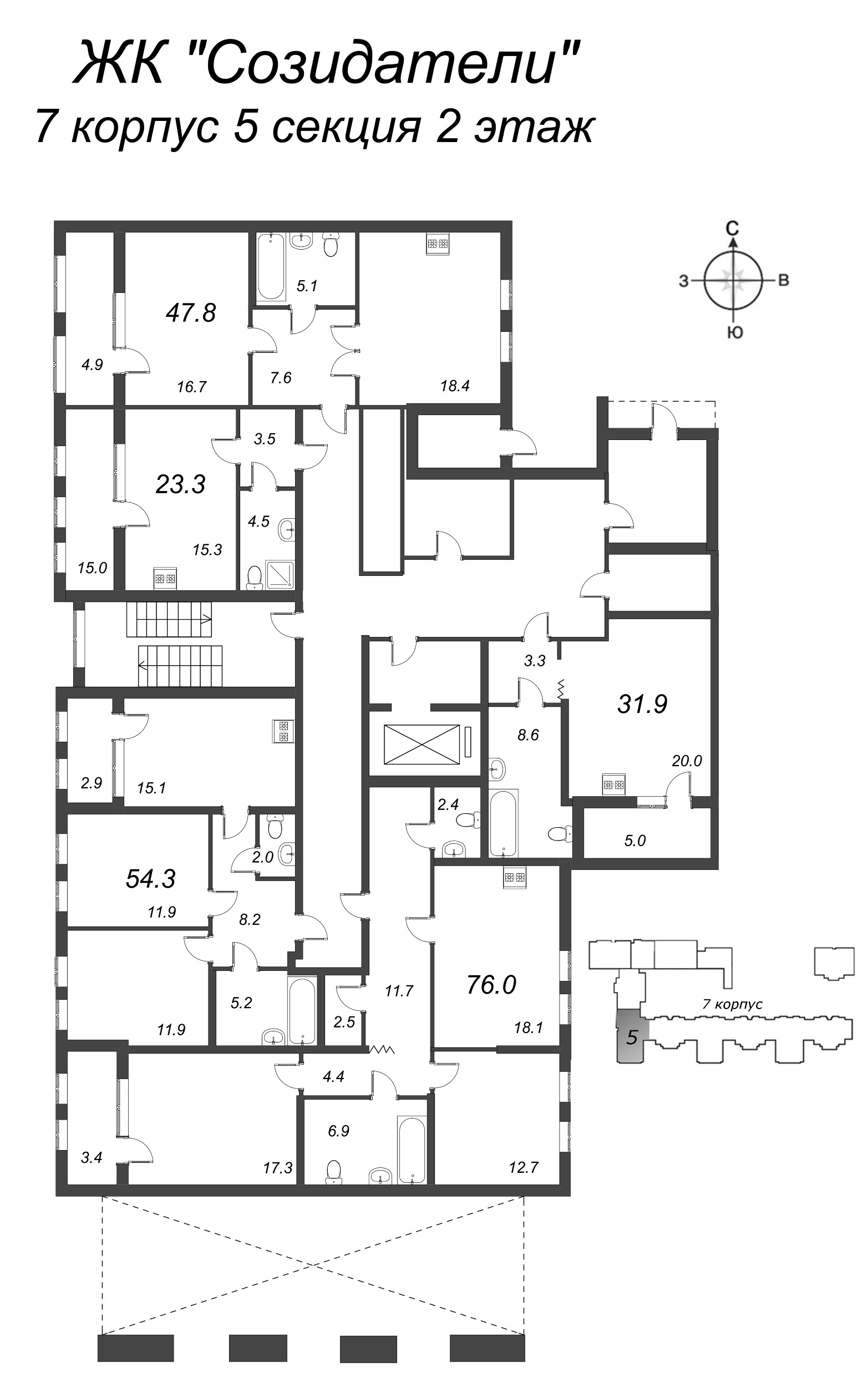 Квартира-студия, 31.9 м² в ЖК "Созидатели" - планировка этажа