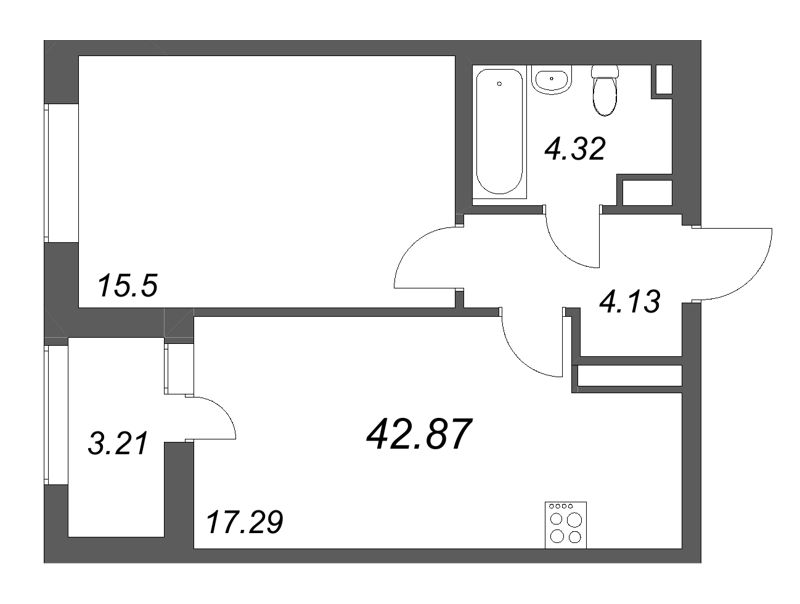 2-комнатная (Евро) квартира, 42.87 м² в ЖК "Аквилон Солар" - планировка, фото №1