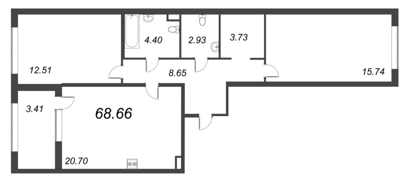 3-комнатная (Евро) квартира, 68.66 м² в ЖК "Б15" - планировка, фото №1