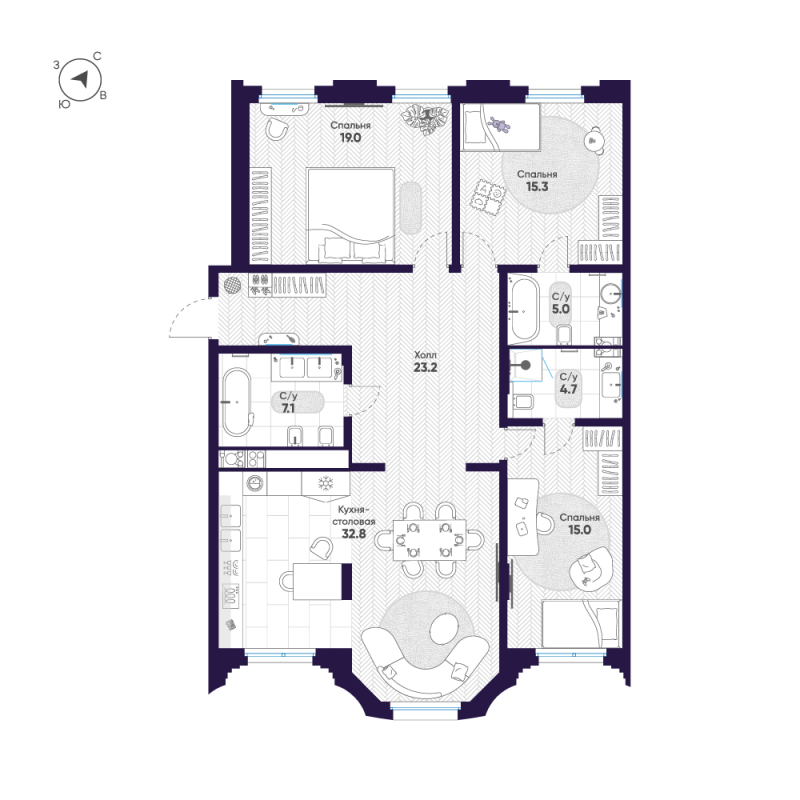4-комнатная (Евро) квартира, 122.1 м² в ЖК "Mariinka Deluxe" - планировка, фото №1