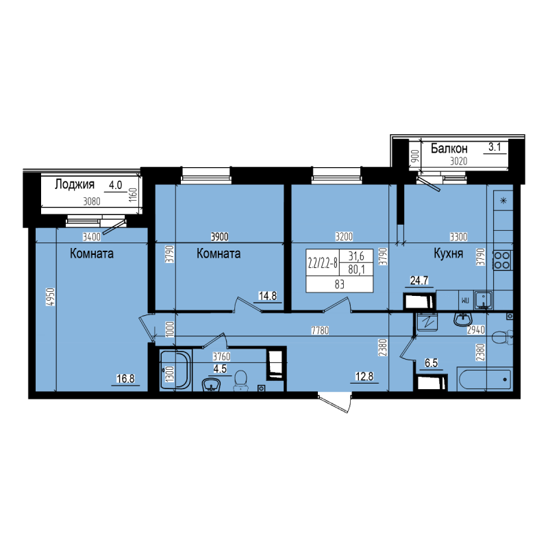 3-комнатная (Евро) квартира, 83 м² - планировка, фото №1