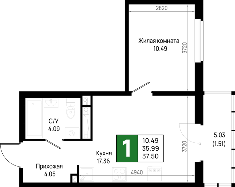 2-комнатная (Евро) квартира, 37.5 м² в ЖК "Имена" - планировка, фото №1