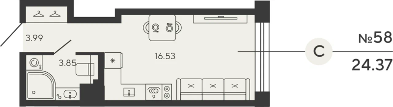 Квартира-студия, 24.37 м² - планировка, фото №1