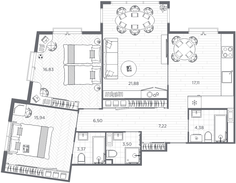 4-комнатная (Евро) квартира, 96.73 м² в ЖК "BAKUNINA 33" - планировка, фото №1