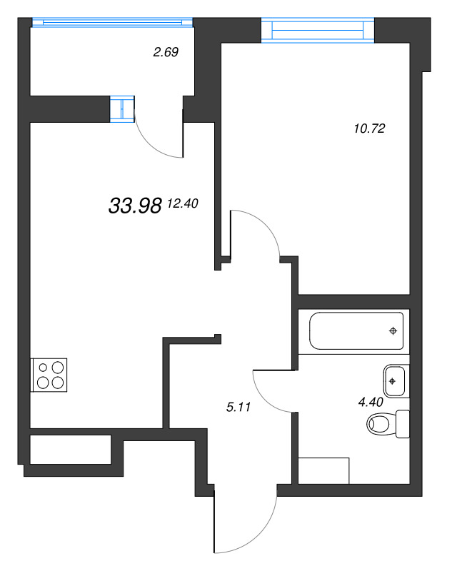 1-комнатная квартира, 33.98 м² - планировка, фото №1