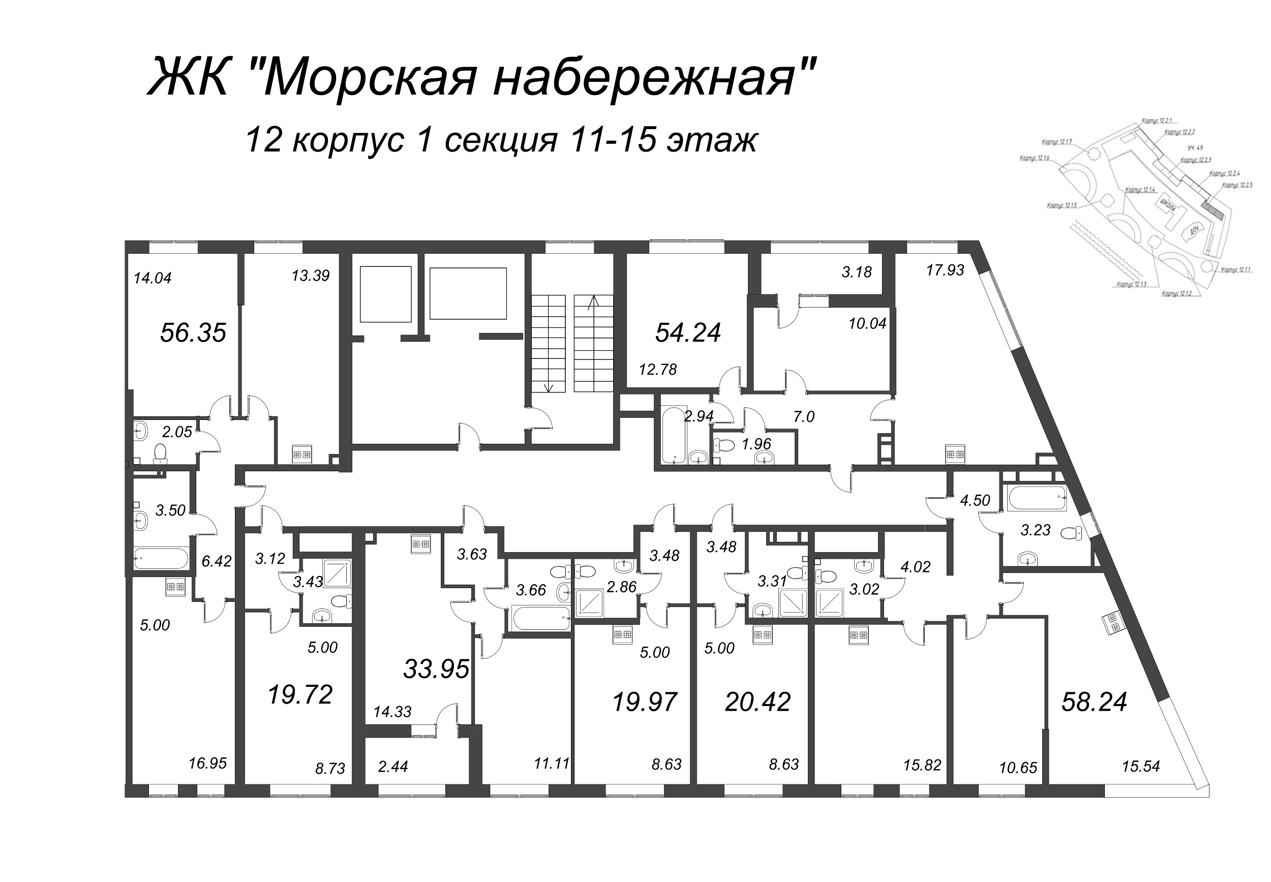 3-комнатная (Евро) квартира, 56.35 м² в ЖК "Морская набережная" - планировка этажа