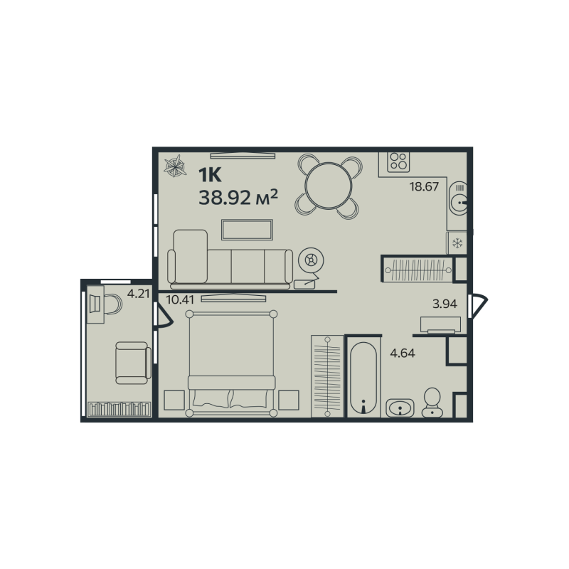 2-комнатная (Евро) квартира, 38.92 м² в ЖК "Эдельвейс.Выборг" - планировка, фото №1