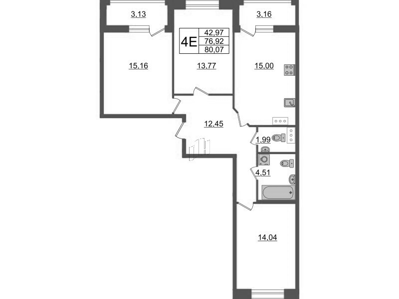 3-комнатная квартира, 80.07 м² - планировка, фото №1
