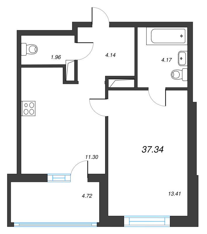 2-комнатная (Евро) квартира, 39.7 м² - планировка, фото №1