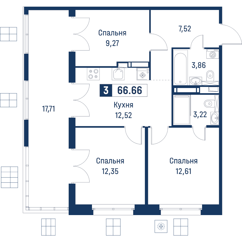 3-комнатная квартира, 66.66 м² в ЖК "Символист" - планировка, фото №1