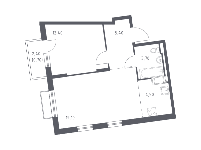 2-комнатная (Евро) квартира, 45.8 м² - планировка, фото №1