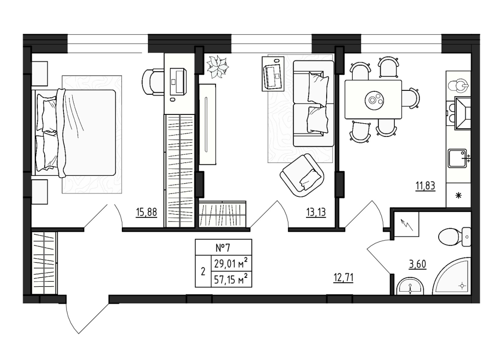 2-комнатная квартира, 57.15 м² - планировка, фото №1