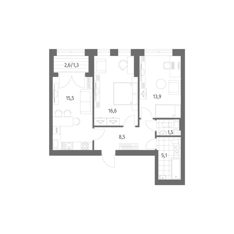 2-комнатная квартира, 62.48 м² - планировка, фото №1