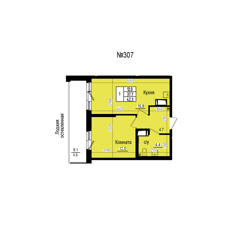 2-комнатная (Евро) квартира, 42.3 м² в ЖК "ПРАГМА СИТИ" - планировка, фото №1