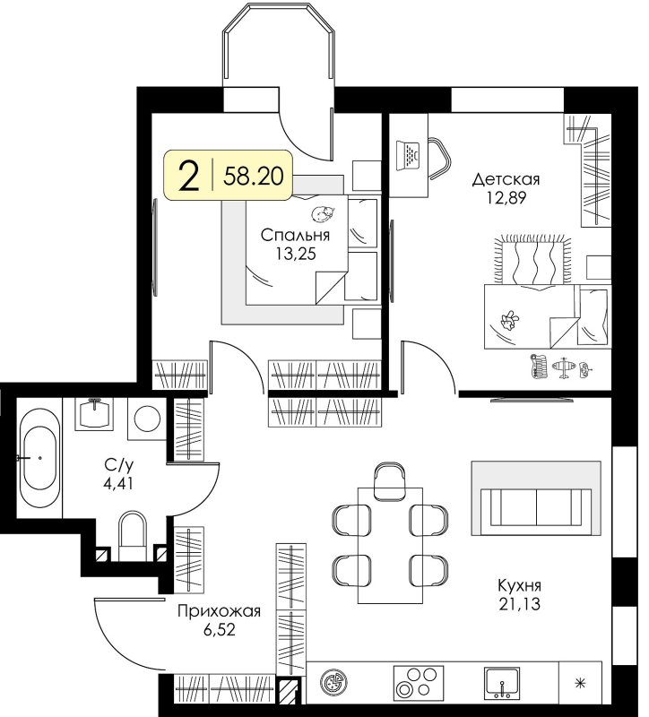3-комнатная (Евро) квартира, 58.2 м² в ЖК "Всевгород" - планировка, фото №1