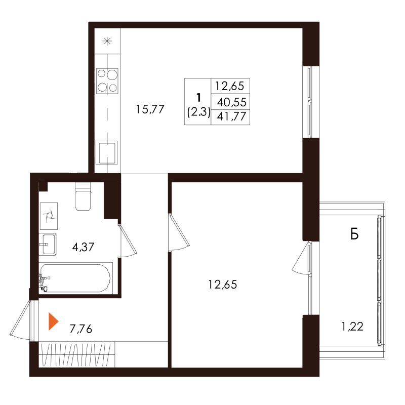 2-комнатная (Евро) квартира, 41.77 м² в ЖК "Лисино" - планировка, фото №1
