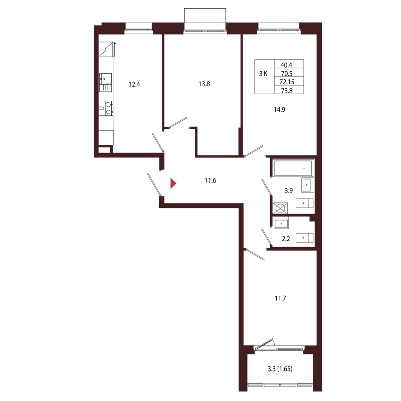 3-комнатная квартира, 72.15 м² в ЖК "Лисино" - планировка, фото №1