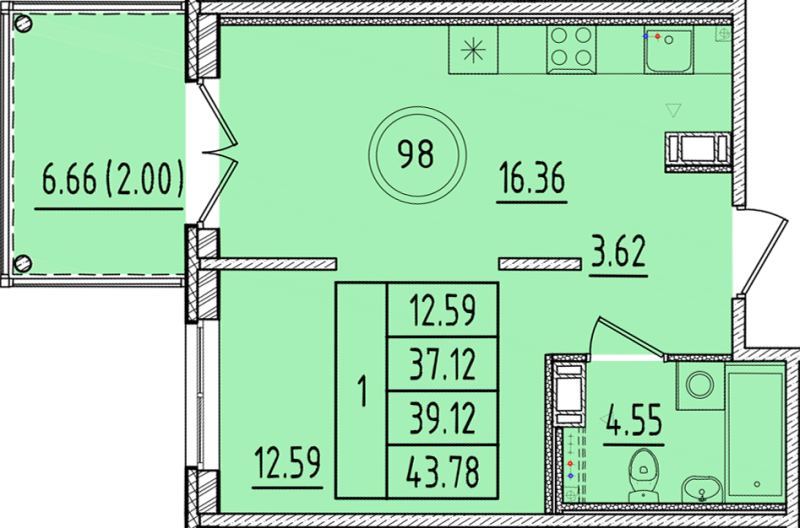 2-комнатная (Евро) квартира, 37.12 м² - планировка, фото №1