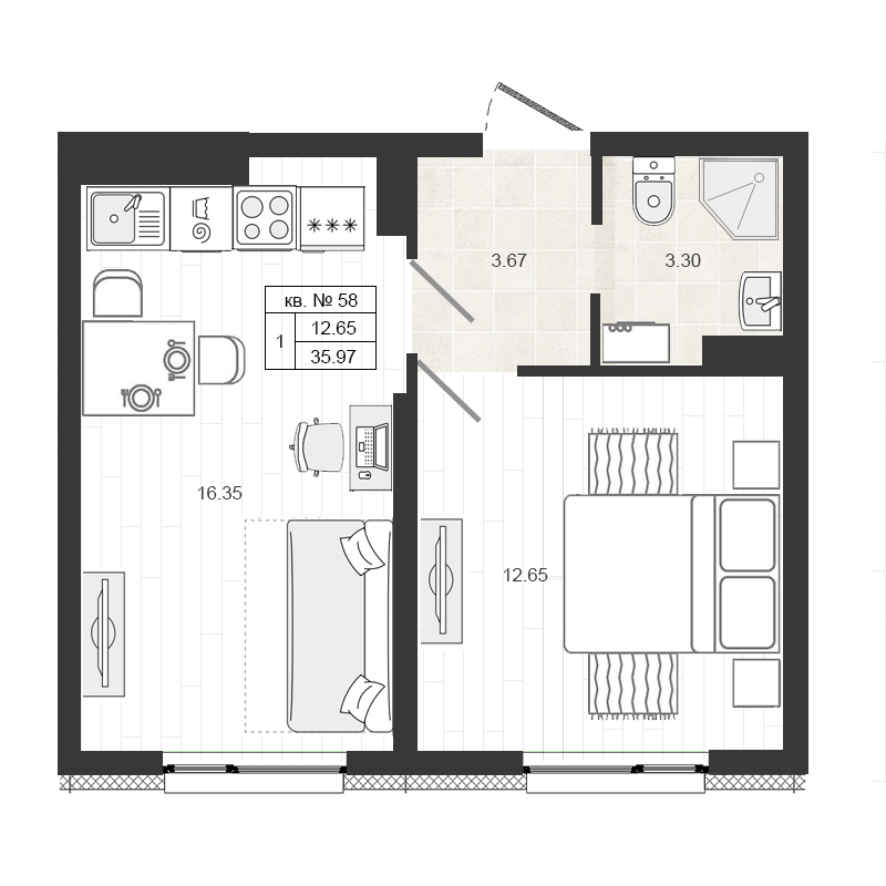 2-комнатная (Евро) квартира, 36.1 м² - планировка, фото №1
