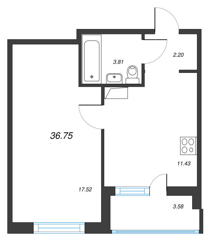 1-комнатная квартира, 36.75 м² - планировка, фото №1