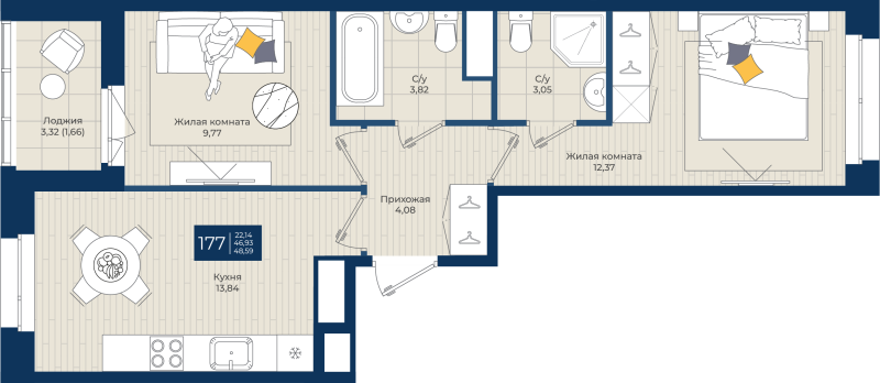2-комнатная квартира, 48.59 м² в ЖК "Новатория" - планировка, фото №1