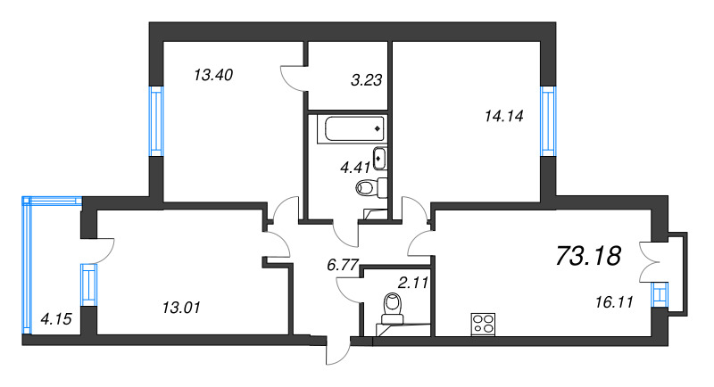 4-комнатная (Евро) квартира, 73.18 м² в ЖК "Любоград" - планировка, фото №1