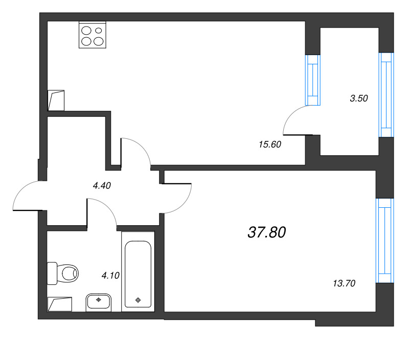2-комнатная (Евро) квартира, 37.8 м² в ЖК "Дубровский" - планировка, фото №1