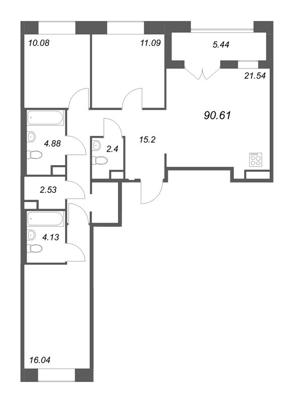 4-комнатная (Евро) квартира, 90.61 м² в ЖК "Ranta Residence" - планировка, фото №1