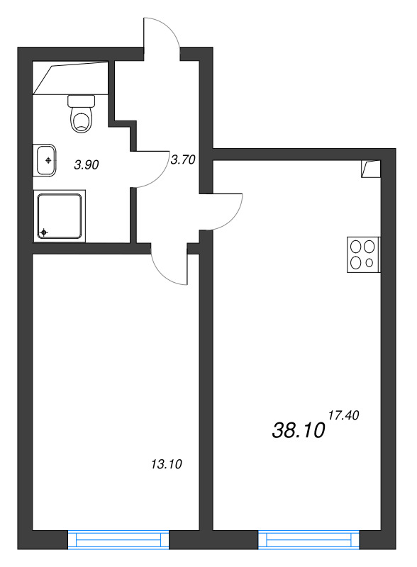 2-комнатная (Евро) квартира, 38.1 м² в ЖК "Ручьи" - планировка, фото №1
