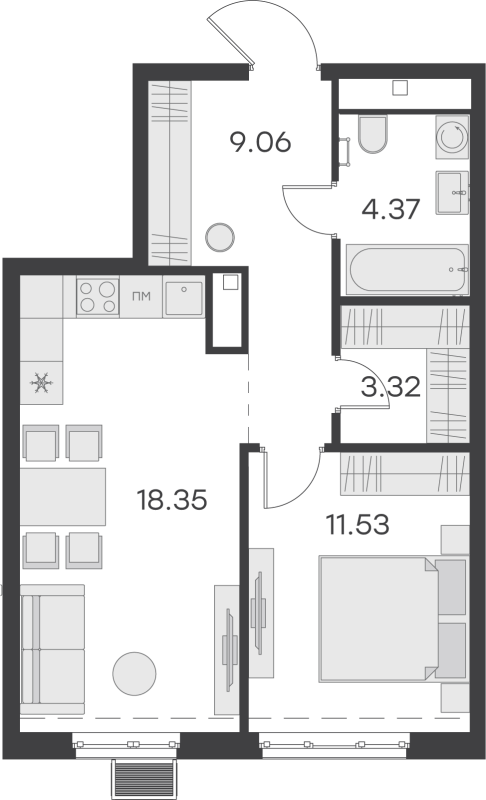 2-комнатная (Евро) квартира, 46.63 м² - планировка, фото №1
