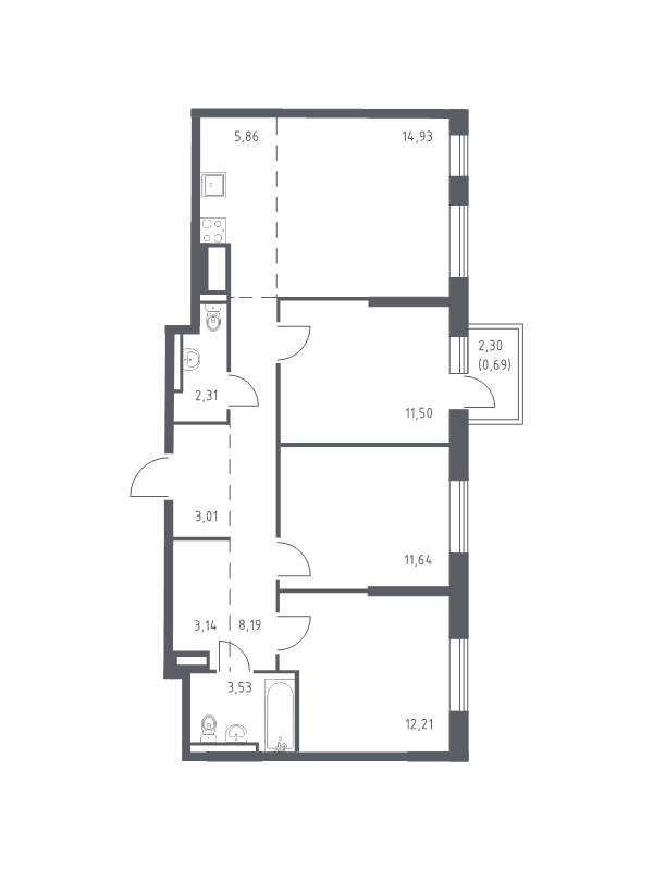 4-комнатная (Евро) квартира, 77.01 м² - планировка, фото №1