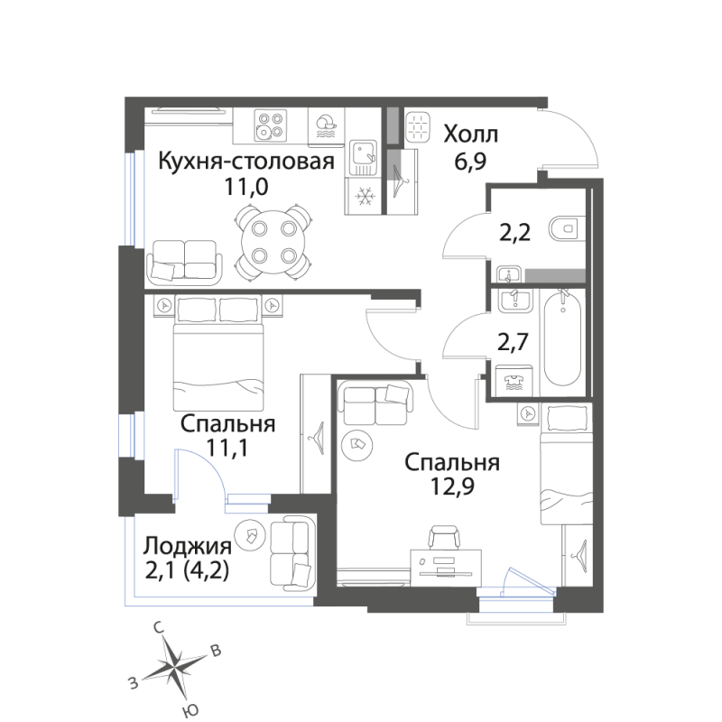 2-комнатная квартира, 48.9 м² в ЖК "Экография" - планировка, фото №1