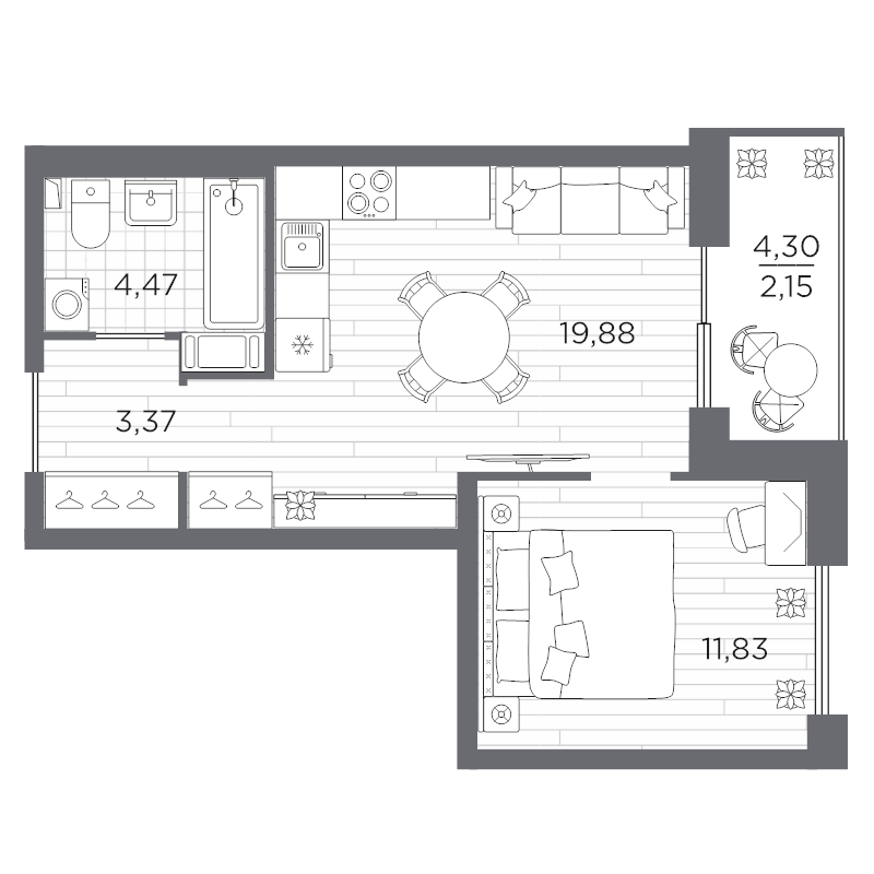 2-комнатная (Евро) квартира, 41.7 м² в ЖК "Сезоны" - планировка, фото №1