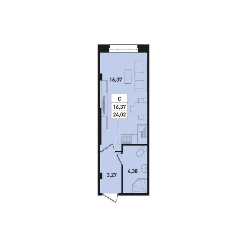 Квартира-студия, 24.02 м² в ЖК "Ромашки" - планировка, фото №1