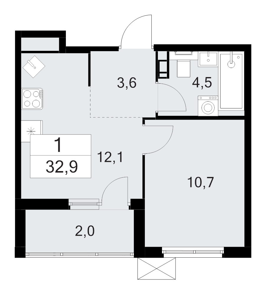 1-комнатная квартира, 32.9 м² в ЖК "А101 Лаголово" - планировка, фото №1