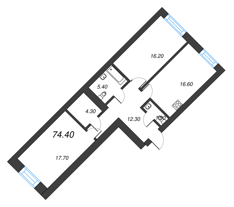 2-комнатная квартира, 74.4 м² в ЖК "Листва" - планировка, фото №1