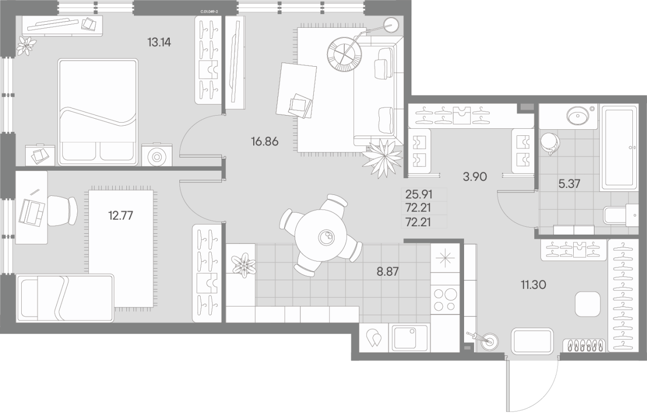 3-комнатная (Евро) квартира, 72.21 м² в ЖК "Amo" - планировка, фото №1