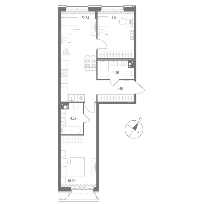 3-комнатная (Евро) квартира, 64.69 м² в ЖК "Остров Первых" - планировка, фото №1