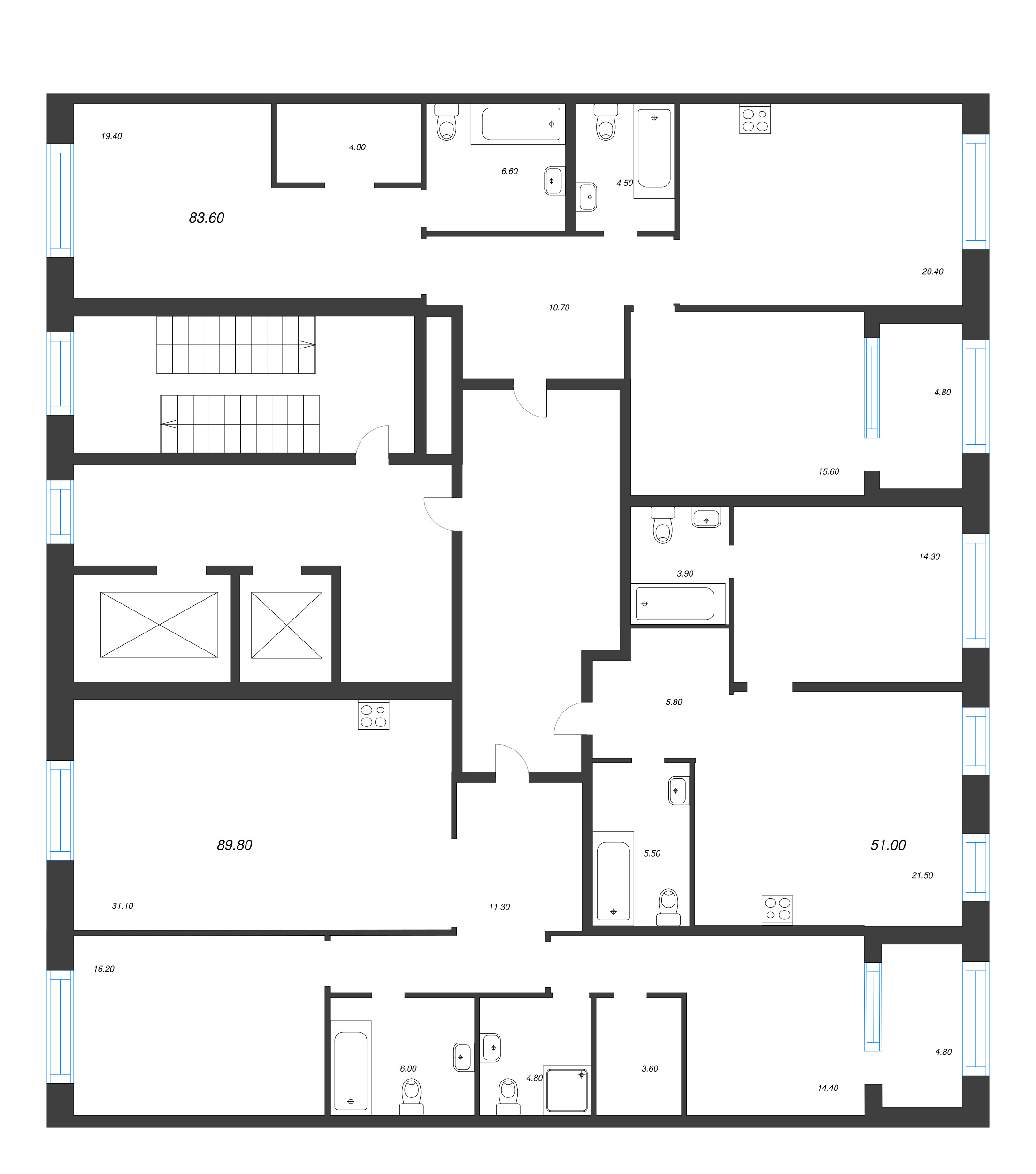 2-комнатная (Евро) квартира, 51 м² - планировка этажа