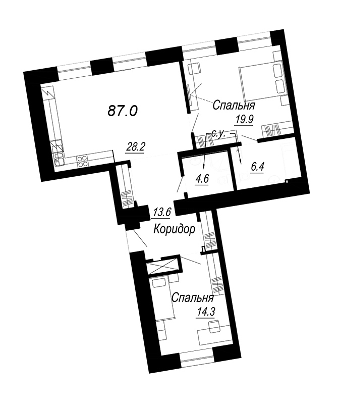 2-комнатная квартира, 86.6 м² - планировка, фото №1