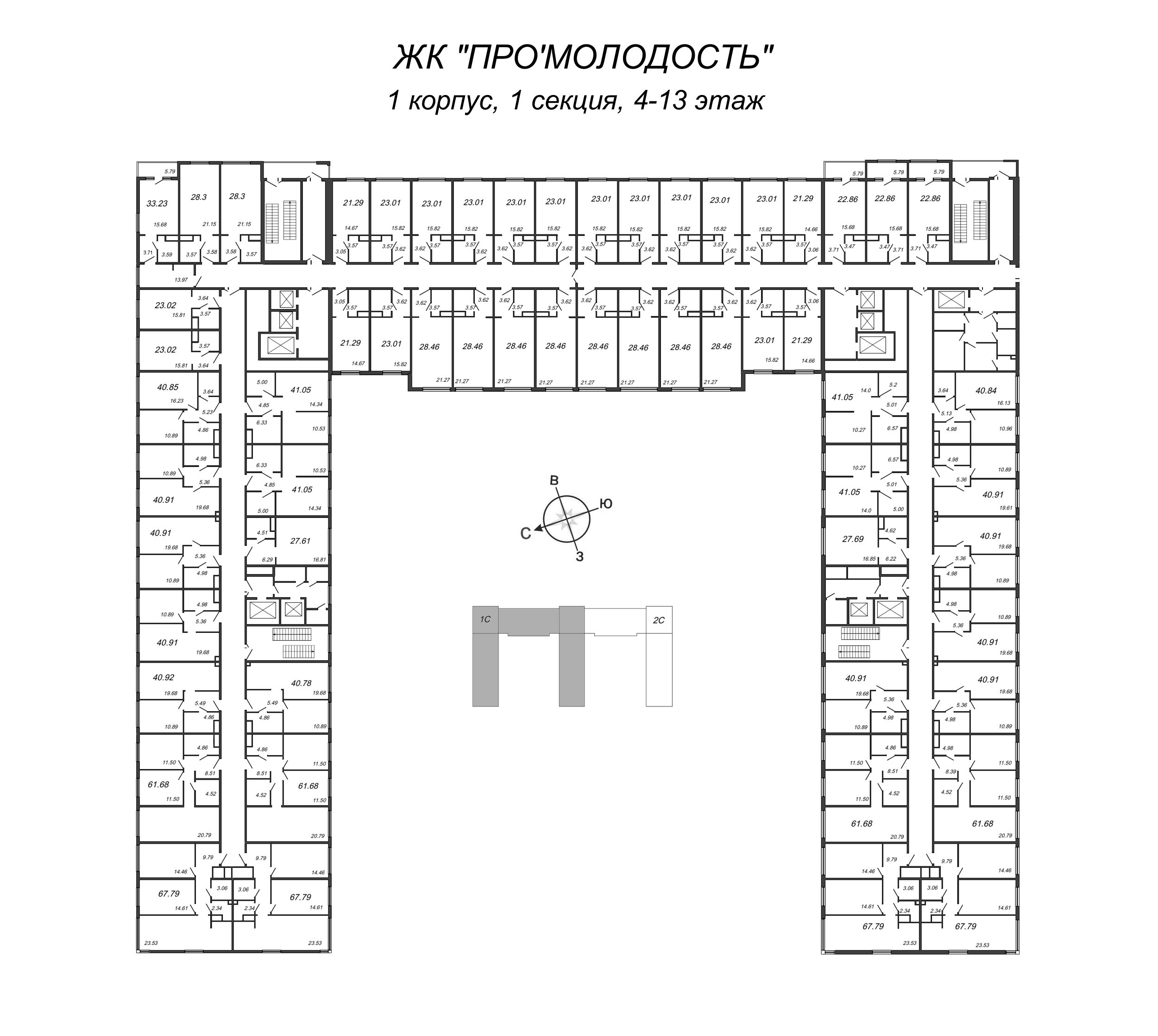 Квартира-студия, 23.01 м² в ЖК "ПРО'МОЛОDОСТЬ" - планировка этажа